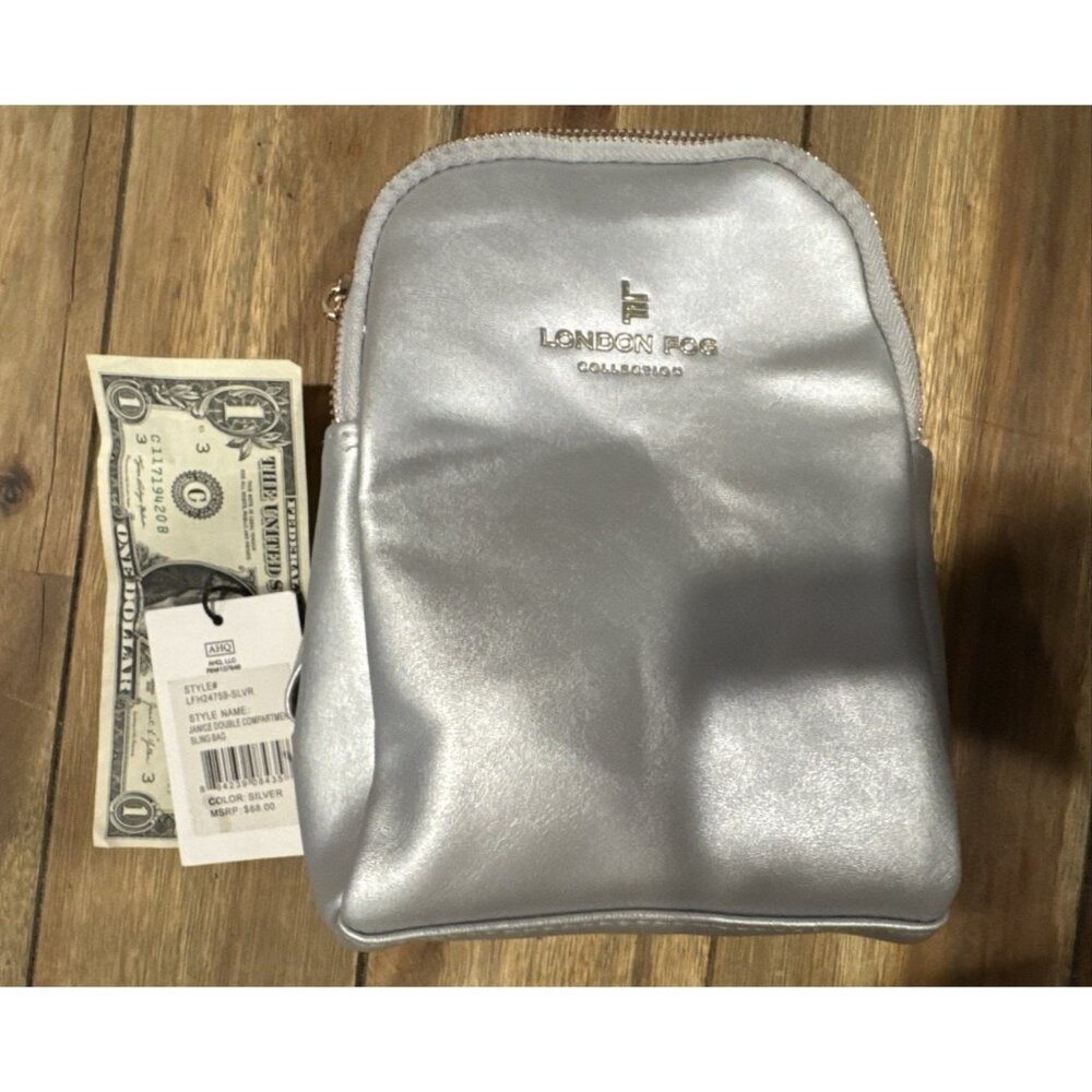 NWT London Fog Silver Color Small Sling Bag Double Zip compartment Inside Zip